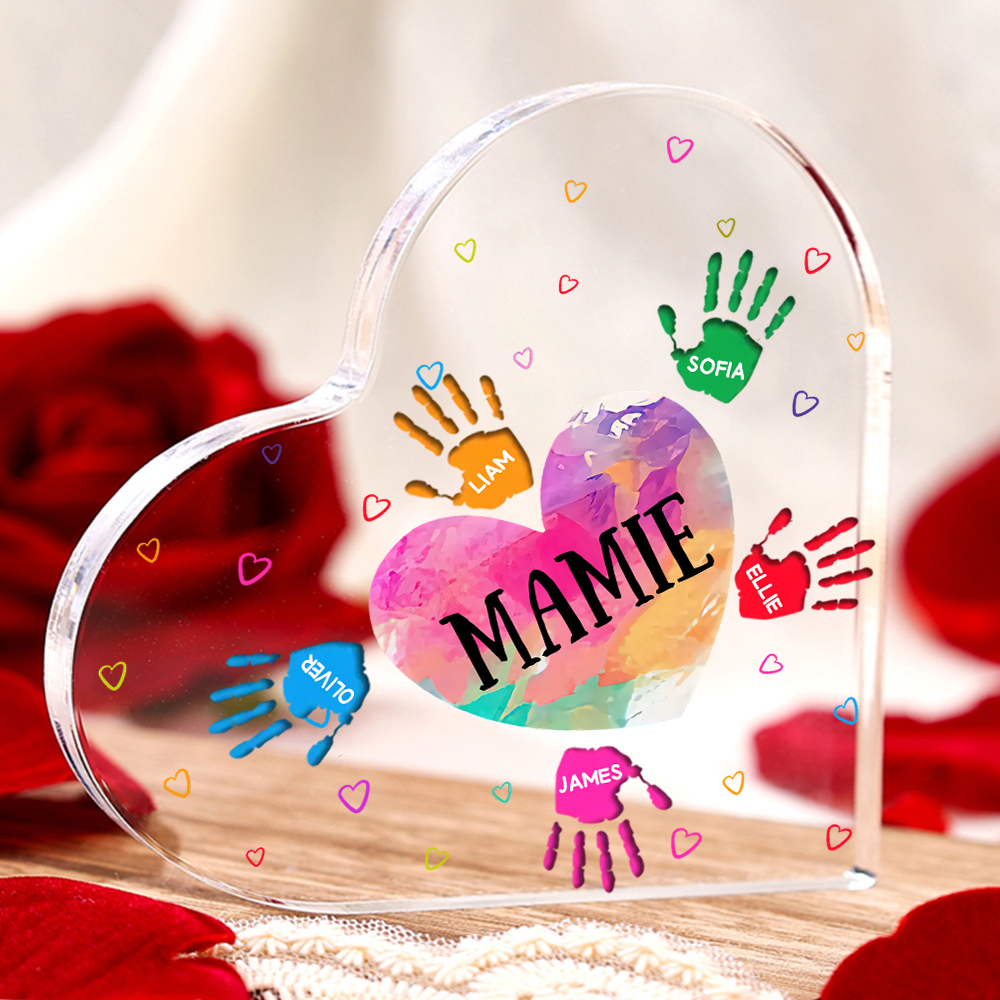 À ma Maman/Mamie - Plaque Acrylique Mains et Enfants en Forme de Cœur 6 Prénoms Personnalisés