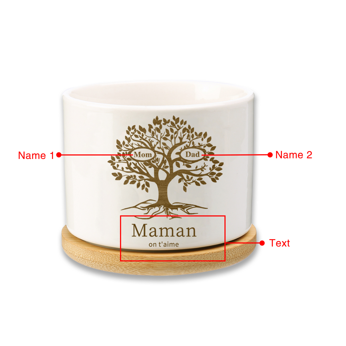 Vase/Pot de Fleurs Arbre de vie 2 Prénoms Personnalisés avec Texte Décoration de la Maison (sans plantes)