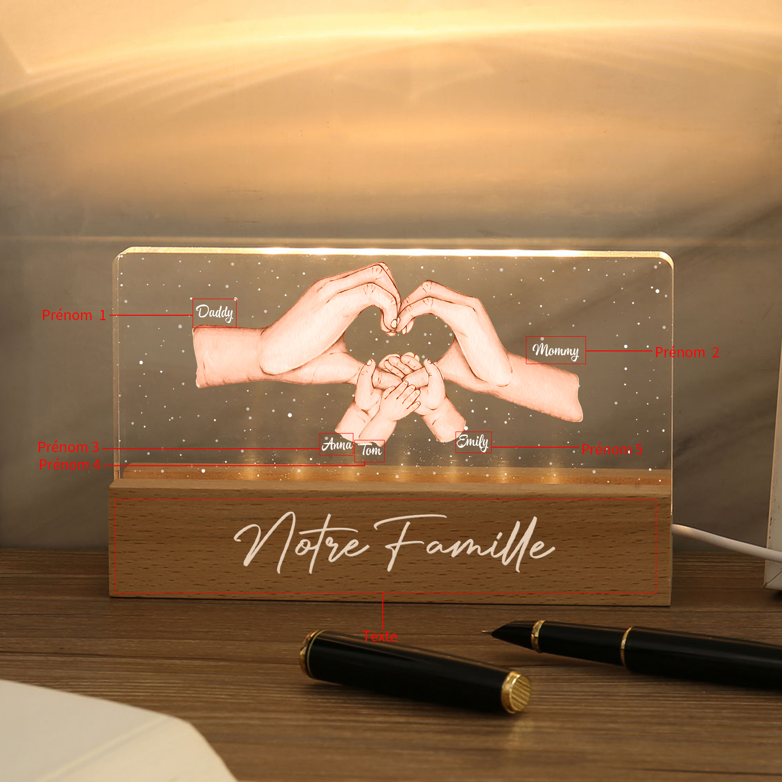 À ma Famille- Lampe de chevet LED la Main dans la Main 5 Prénoms Personnalisés avec Texte