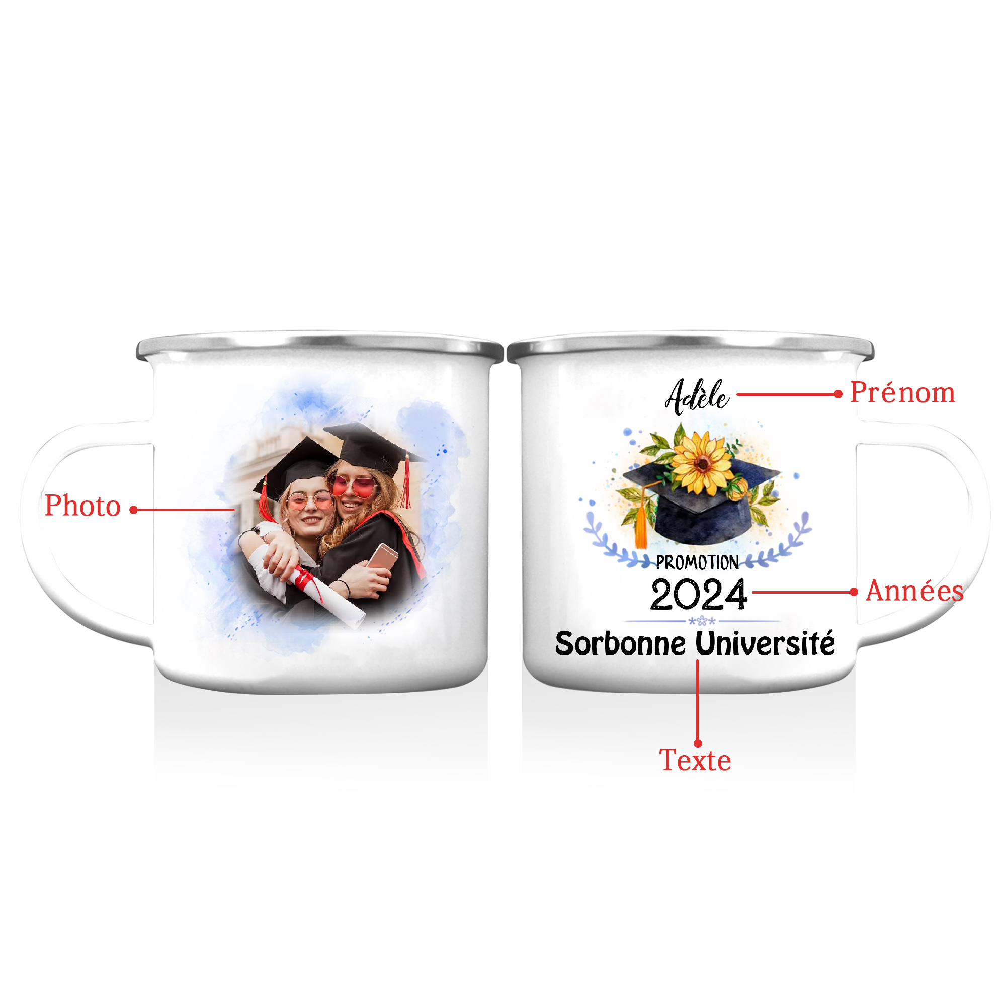 Tasse émaillée Diplômé 1 Prénom et Photo Personnalisés avec Année et Texte Cadeau de remise des diplômes