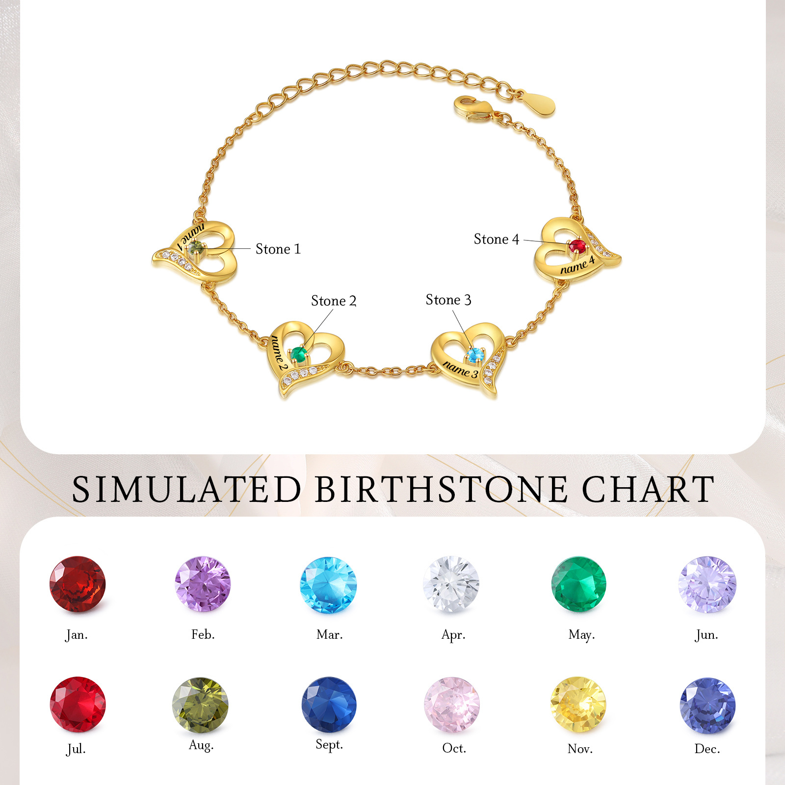 Bracelet Cœur 1-7 Préoms Personnalisés avec Pierres de Naissance pour Femme