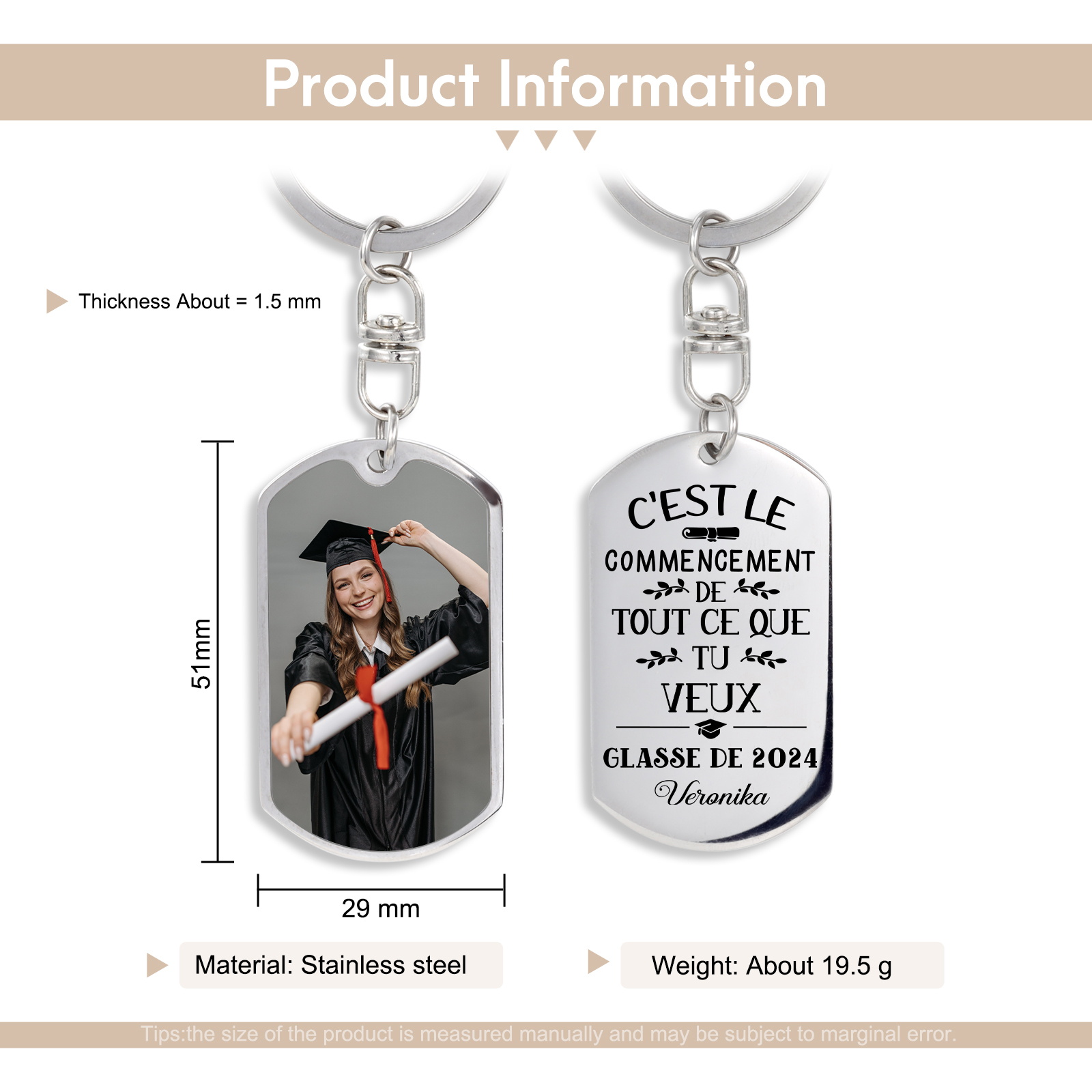 Diplômé 2024 Porte-Clés 1 Prénom et Photo Personnalisé  Cadeau pour fêter un Diplômé 