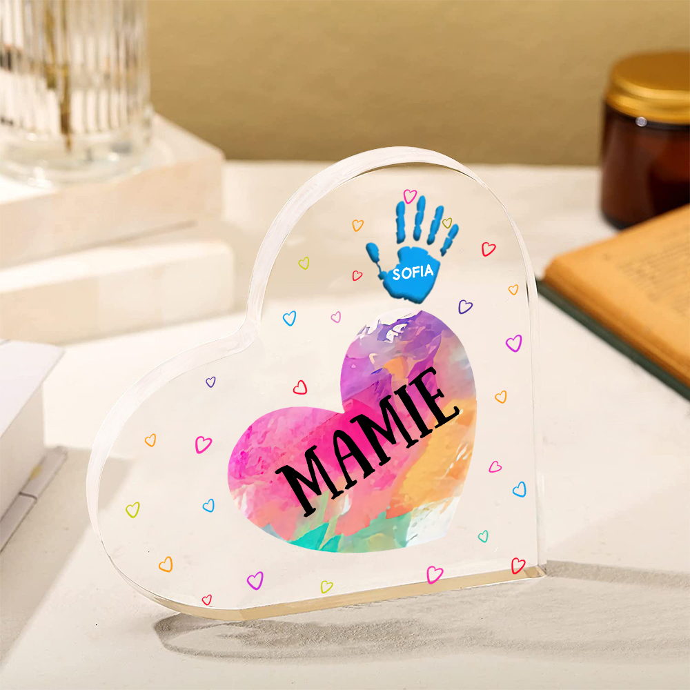 À ma Maman/Mamie - Plaque Acrylique Mains et Enfants en Forme de Cœur 2 Prénoms Personnalisés