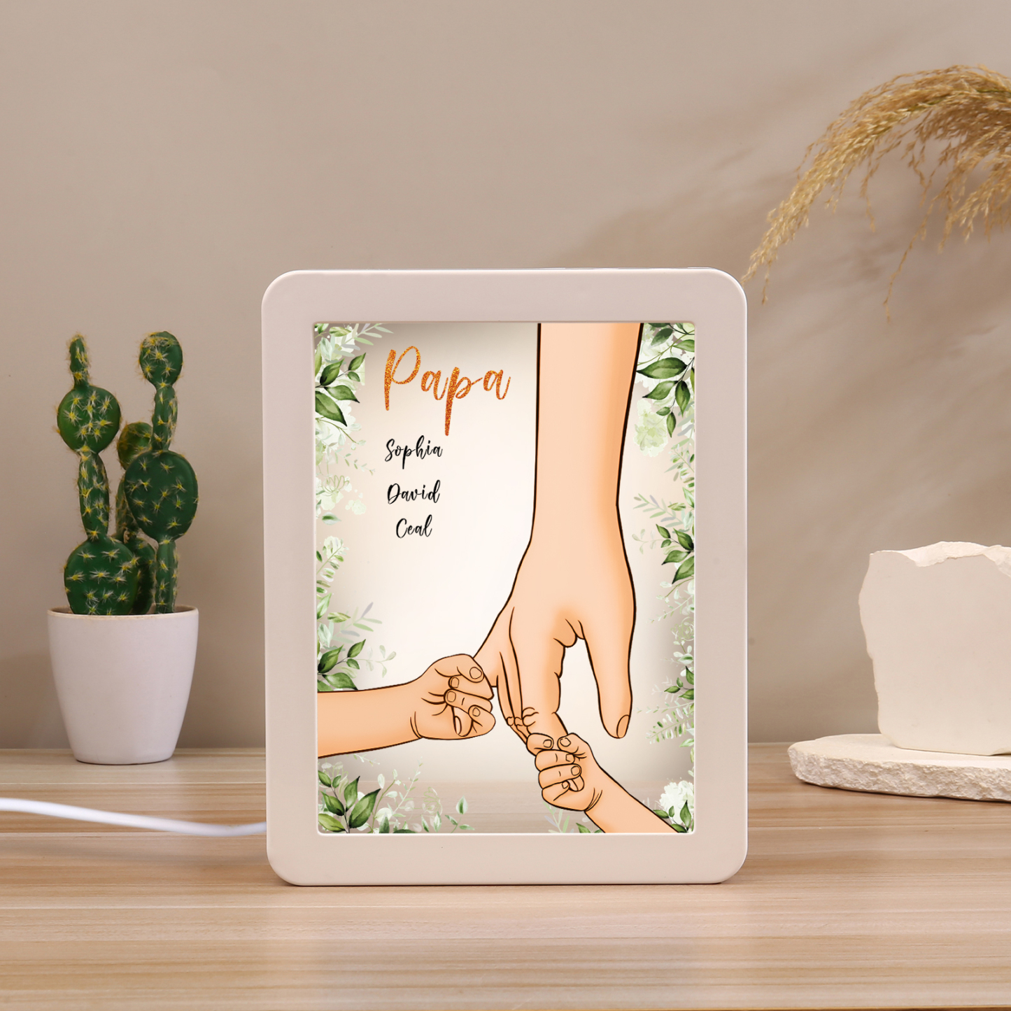 Lampe LED/Cadre Photo/Miroir multifonctionnel la main dans la main 3 Prénoms et 1 Tetxe Personnalisés Cadeau Créatif pour Famille