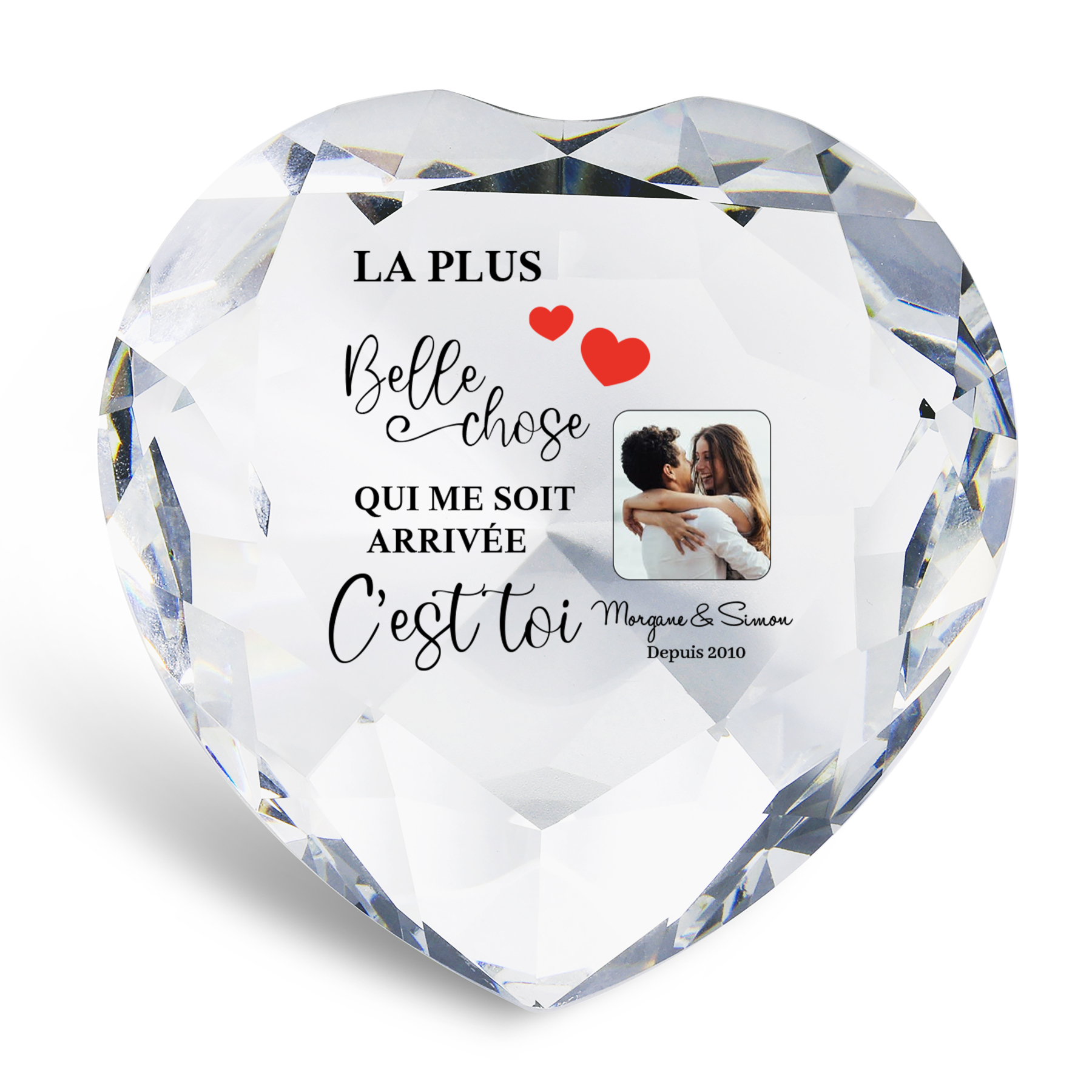 Décoration Cristal Cœur 2 Prénoms et 1 Photo Personnalisés avec Date pour Couple