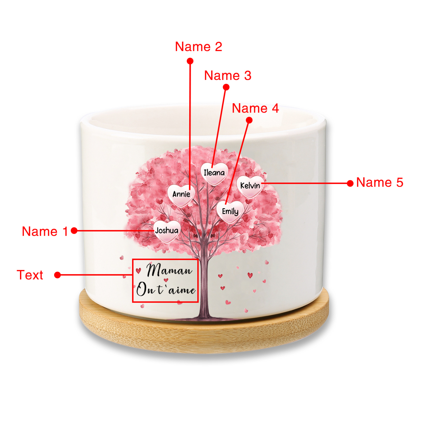 Vase/Pot de Fleurs Arbre 5 Prénoms Personnalisés avec Texte Décoration de la Maison (sans plantes)