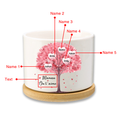 Vase/Pot de Fleurs Arbre 5 Prénoms Personnalisés avec Texte Décoration de la Maison (sans plantes)
