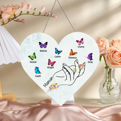 À Maman/Mamie - Veilleuse Cœur Décoration Main et Papillon 8 Prénoms Personnalisés avec 1 Texte