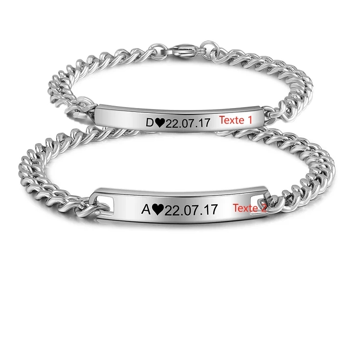 2PCS Bracelet Gourmette 2 Textes Personnalisés pour Couple Saint-Valentin