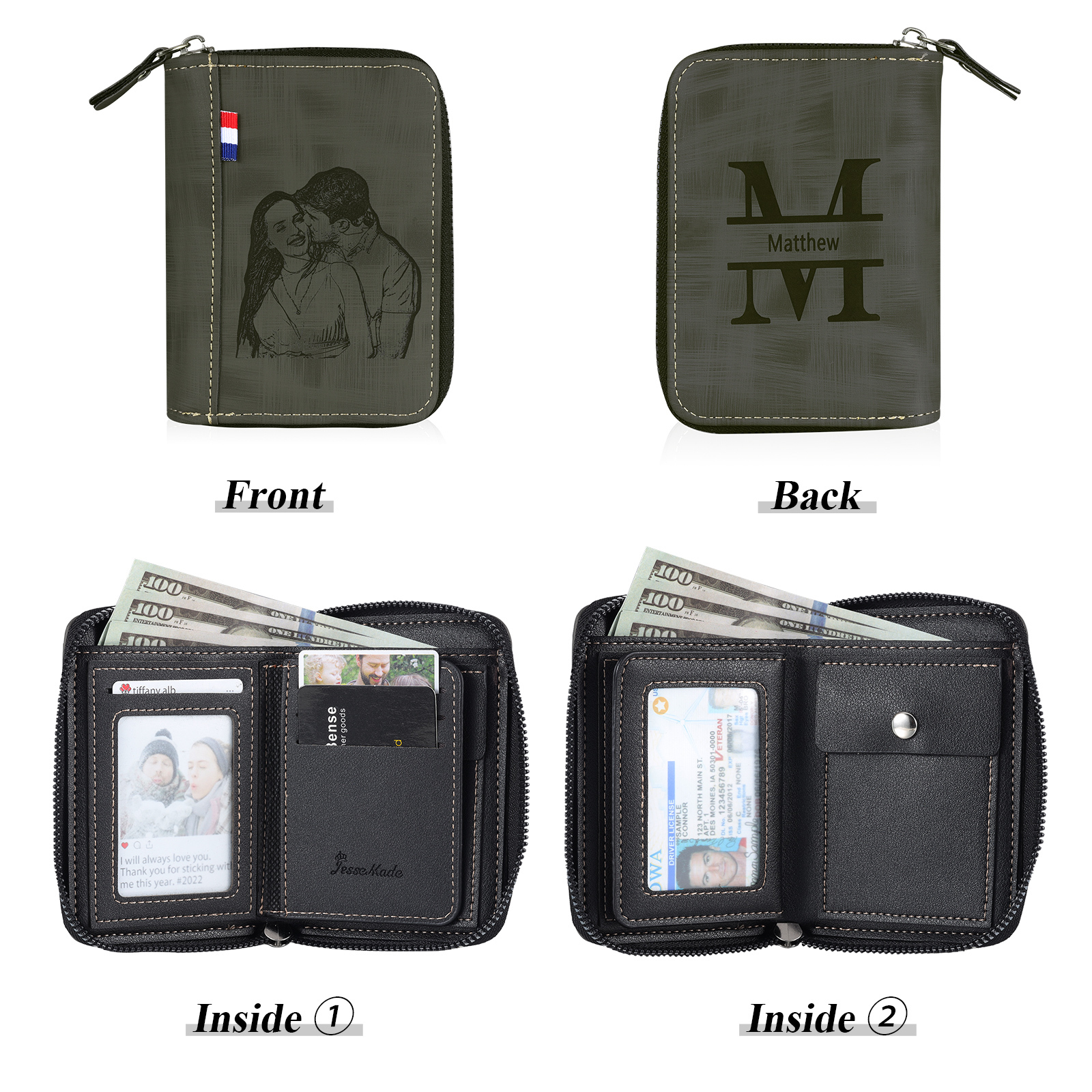 Portefeuille Classique 1 Prénom et Lettre Personnalisés avec Photo Porte-Monnaie Carte