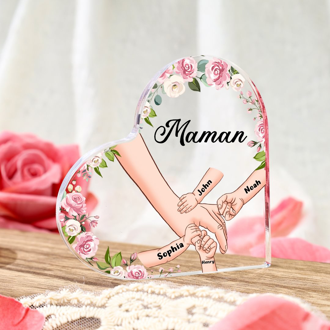 Plaque Acrylique en Forme de Cœur La Main Dans La Main 4 Prénoms Personnalisés avec Texte-Jessemade FR