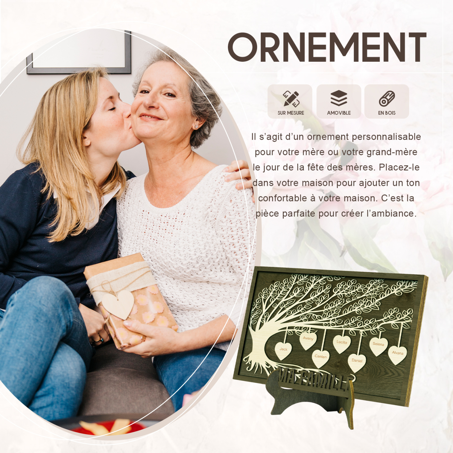 Décoration en bois Arbre de Vie 7 Prénoms Personnalisés Ornement Famille