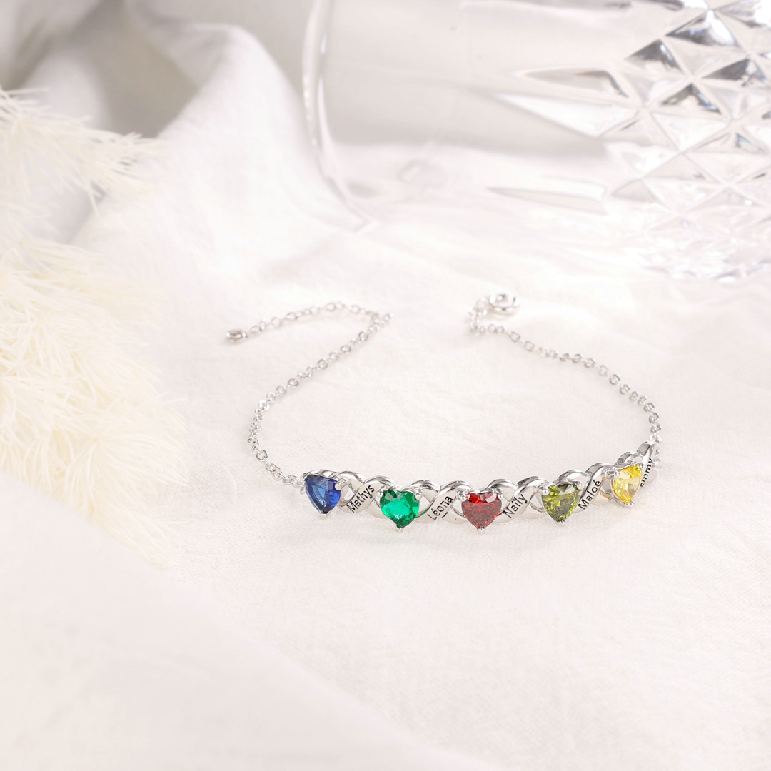 Bracelet à Breloque 5 Prénoms Personnalisés avec 5 Pierres de Naissance