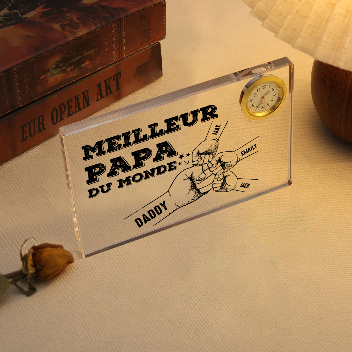 À mon Papa - Plaque Acrylique rectangle avec Horloge Poings 4 Prénoms Personnalisés