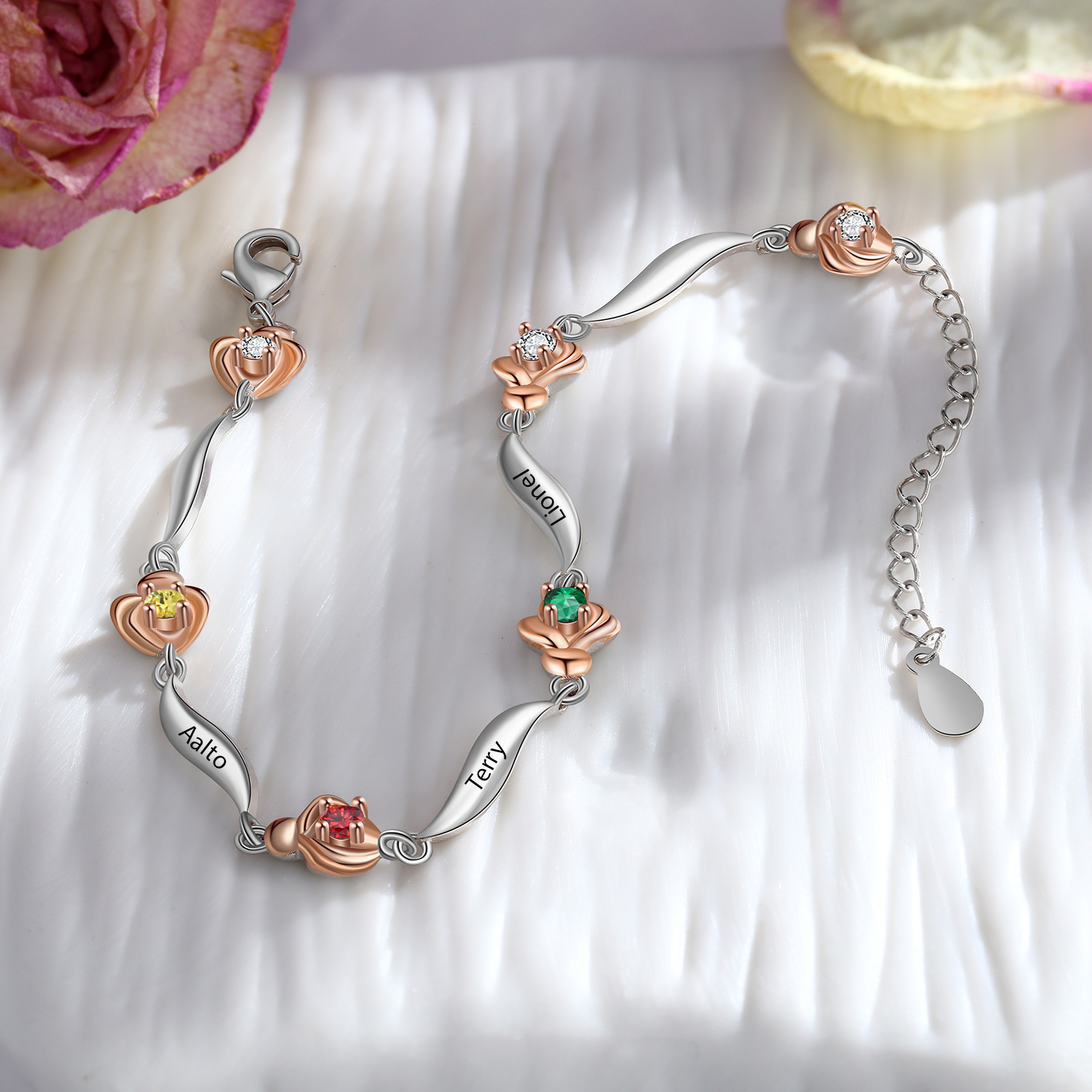 Bracelet Roses 3 Prénom Personnalisé avec 3 Pierre de Naissance