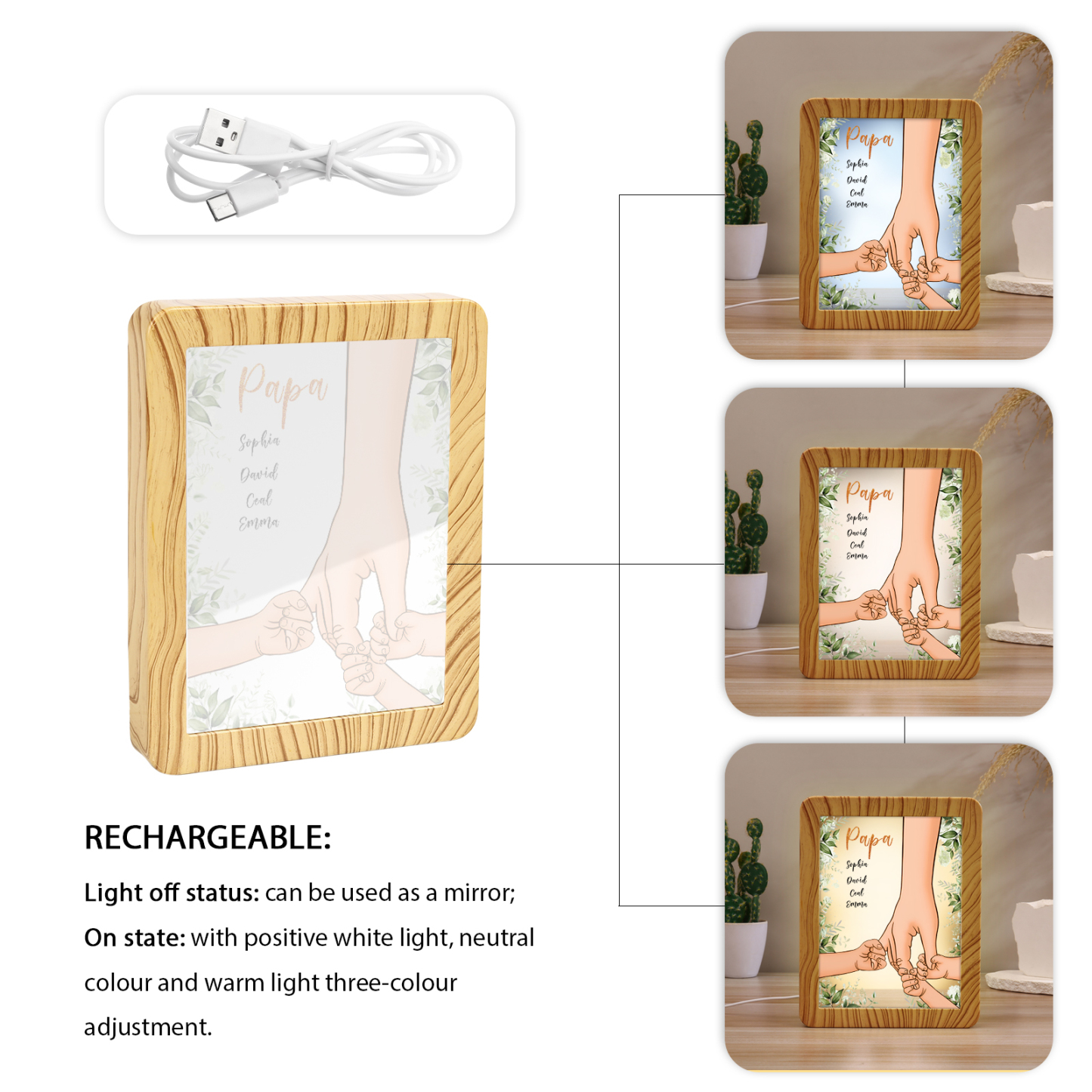 Lampe LED/Cadre Photo/Miroir multifonctionnel la main dans la main 4 Prénoms et 1 Tetxe Personnalisés Cadeau Créatif pour Famille