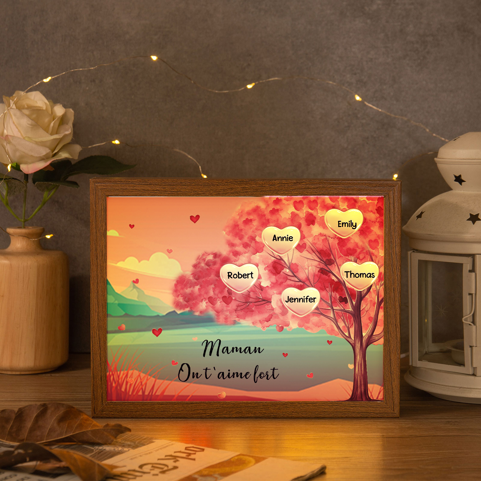 Cadre Photo LED Arbre 5 Prénoms Personnalisés avec 1 Texte Décoration Famille