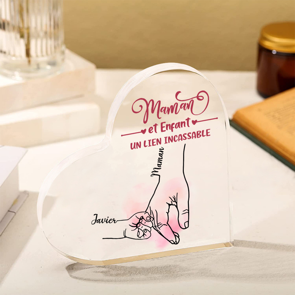 À ma Maman - Plaque Acrylique en Forme de Cœur la main dans la main 2 Prénoms Personnalisés