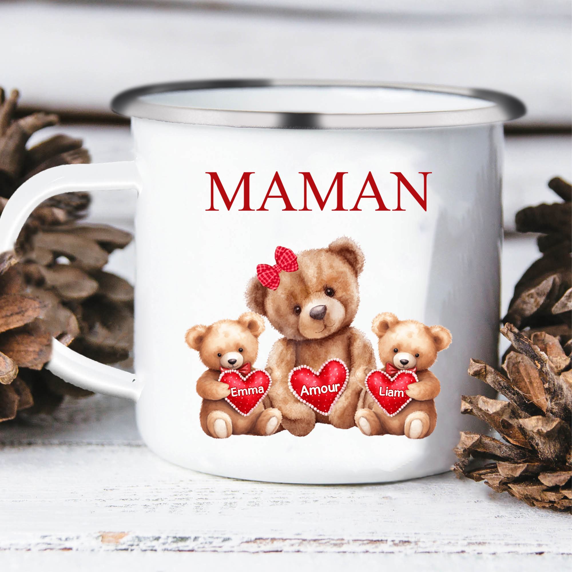À Maman/Mamie - Tasse émaillée Ours 2 Prénoms Personnalisés