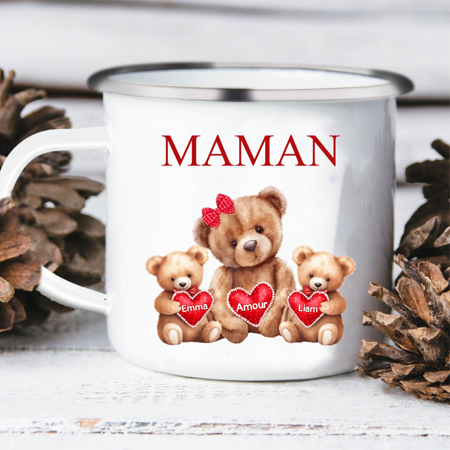 À Maman/Mamie - Tasse émaillée Ours 2 Prénoms Personnalisés