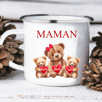 À Maman/Mamie - Tasse émaillée Ours 2 Prénoms Personnalisés