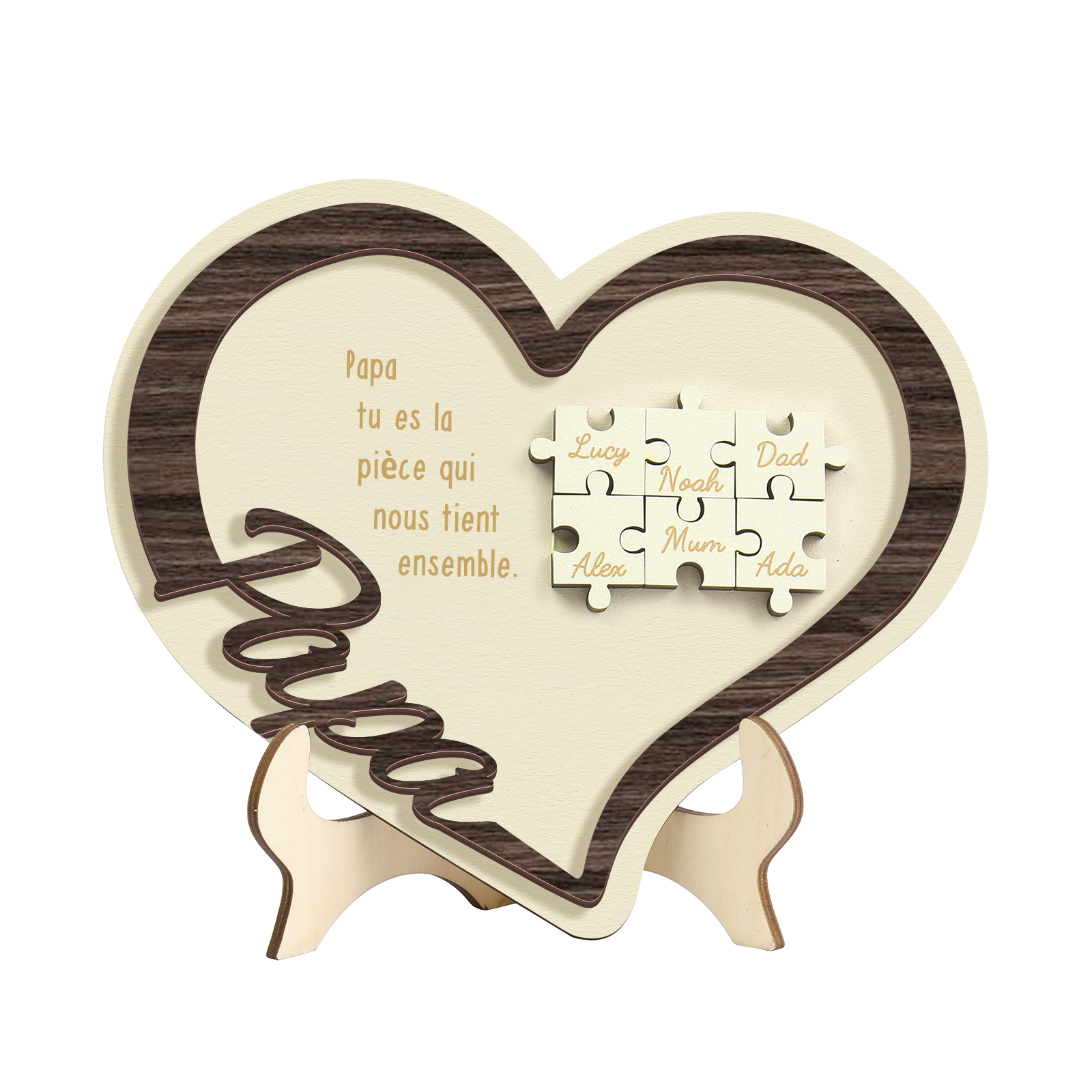 À mon Papa - Décoration en bois Cœur Puzzle 6 Prénoms Personnalisés Ornement pour Famille