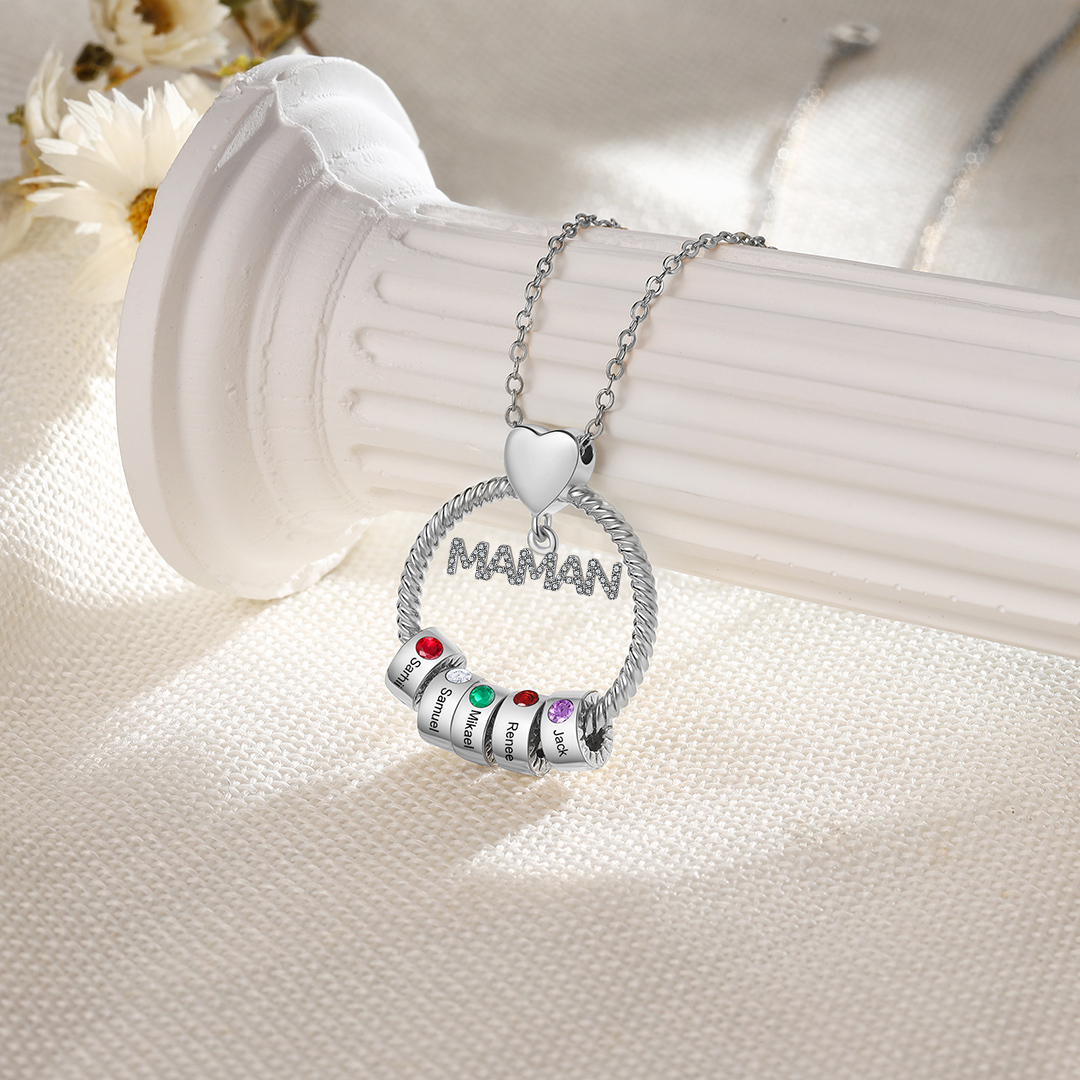 À ma Maman - Collier Pendentif 5 Prénoms Personnalisés avec Pierre de naissance