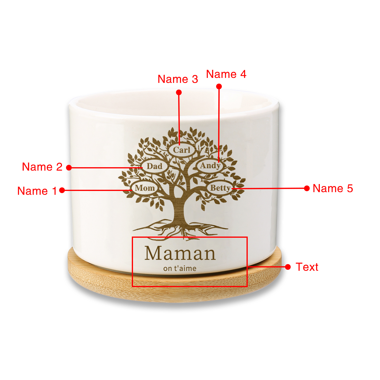 Vase/Pot de Fleurs Arbre de vie 5 Prénoms Personnalisés avec Texte Décoration de la Maison (sans plantes)