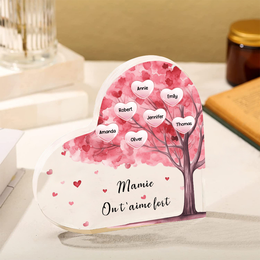 À ma Maman/Mamie - Plaque Acrylique Arbre en Forme de Cœur 7 Prénoms Personnalisés avec 1 Texte