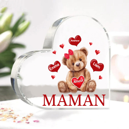 À ma Maman/Mamie - Plaque Acrylique Ours en Forme de Cœur 3 Prénoms Personnalisés avec 1 Texte