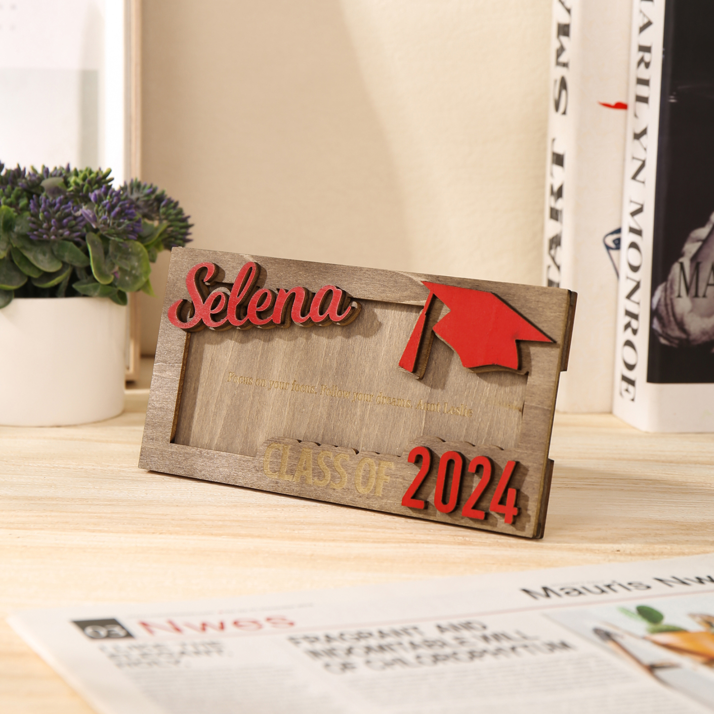 Porte-Cartes Diplômé en bois Prénom et Texte Personnalisés Cadeau de Graduation