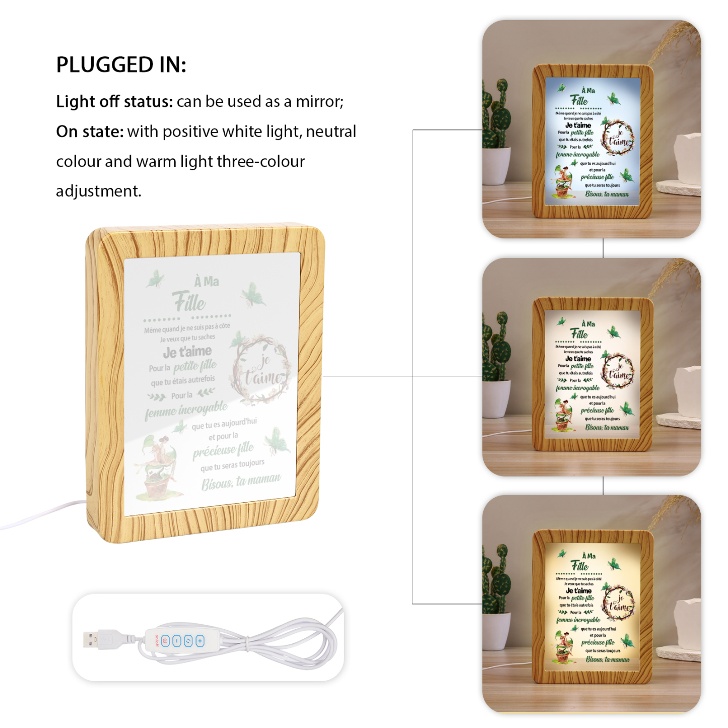 À ma Fille - Cadre Photo/Miroir LED multifonctionnel Cadeau de Maman pour Fille