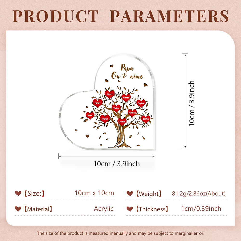 Plaque Acrylique en Forme de Cœur Arbre de vie Arbre généalogique 10 Prénoms Personnalisés avec Texte | Jessemade