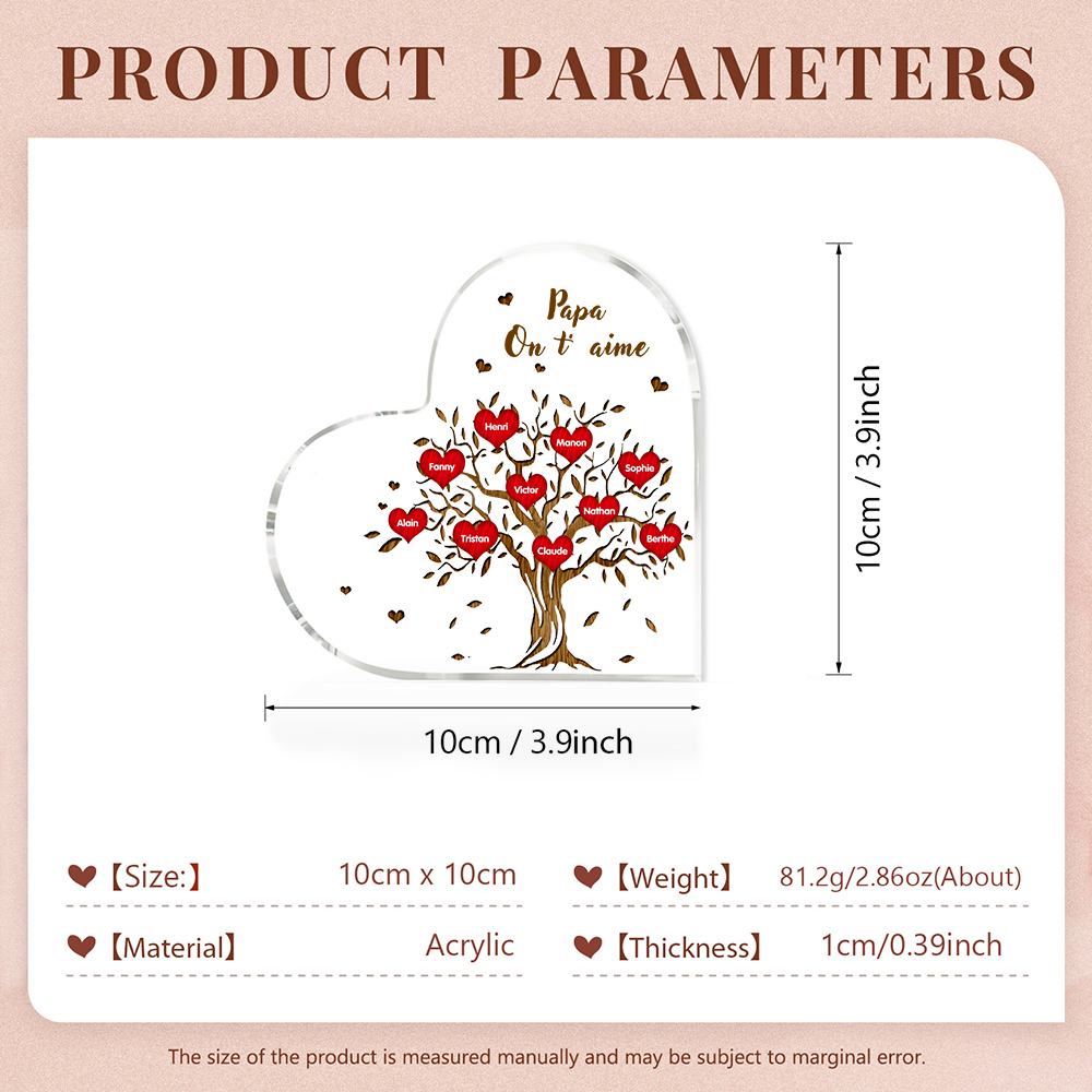 Plaque Acrylique en Forme de Cœur Arbre de vie Arbre généalogique 10 Prénoms Personnalisés avec Texte | Jessemade