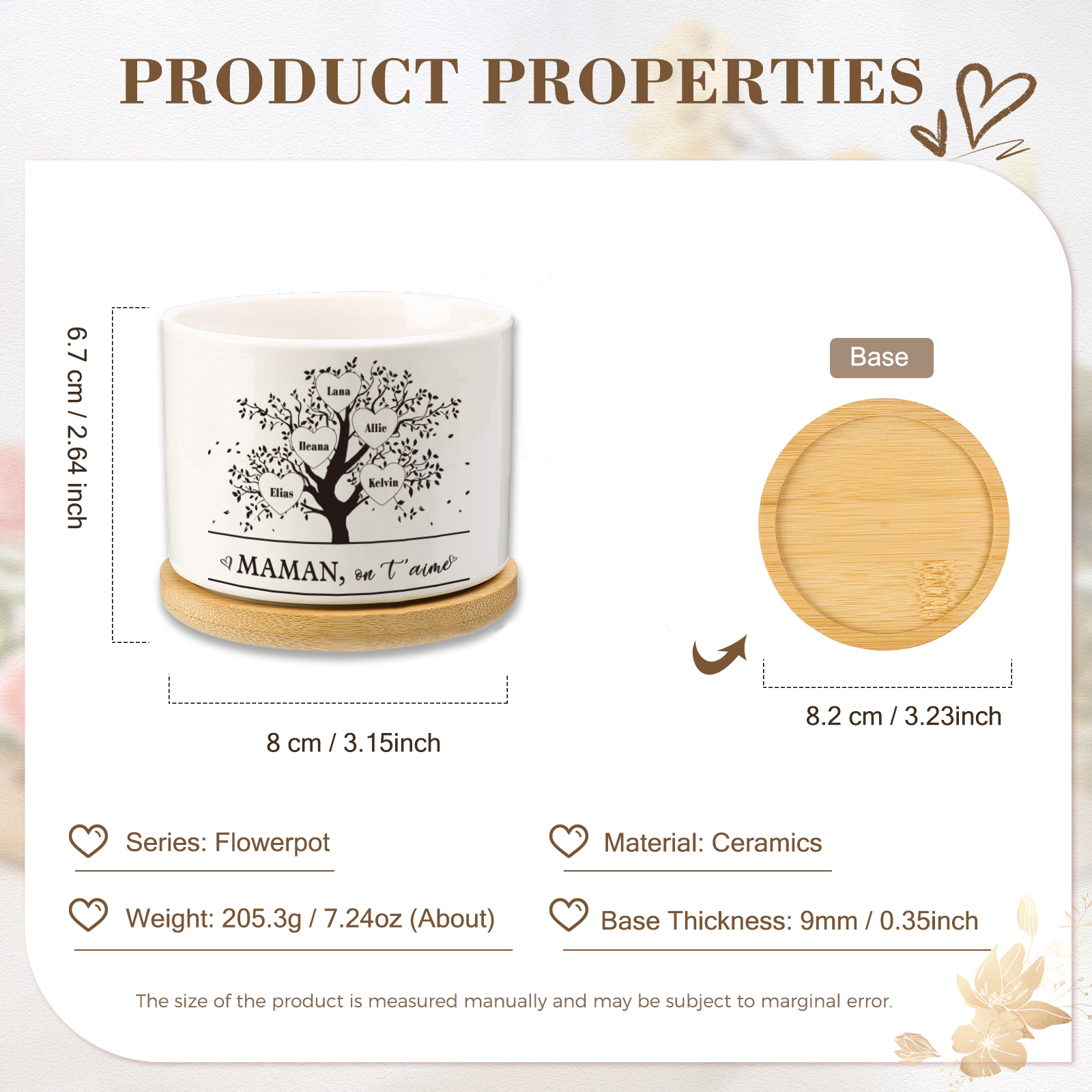 Vase/Pot de Fleurs Arbre de vie 5 Prénoms Personnalisés avec Texte Décoration de la Maison (sans plantes)
