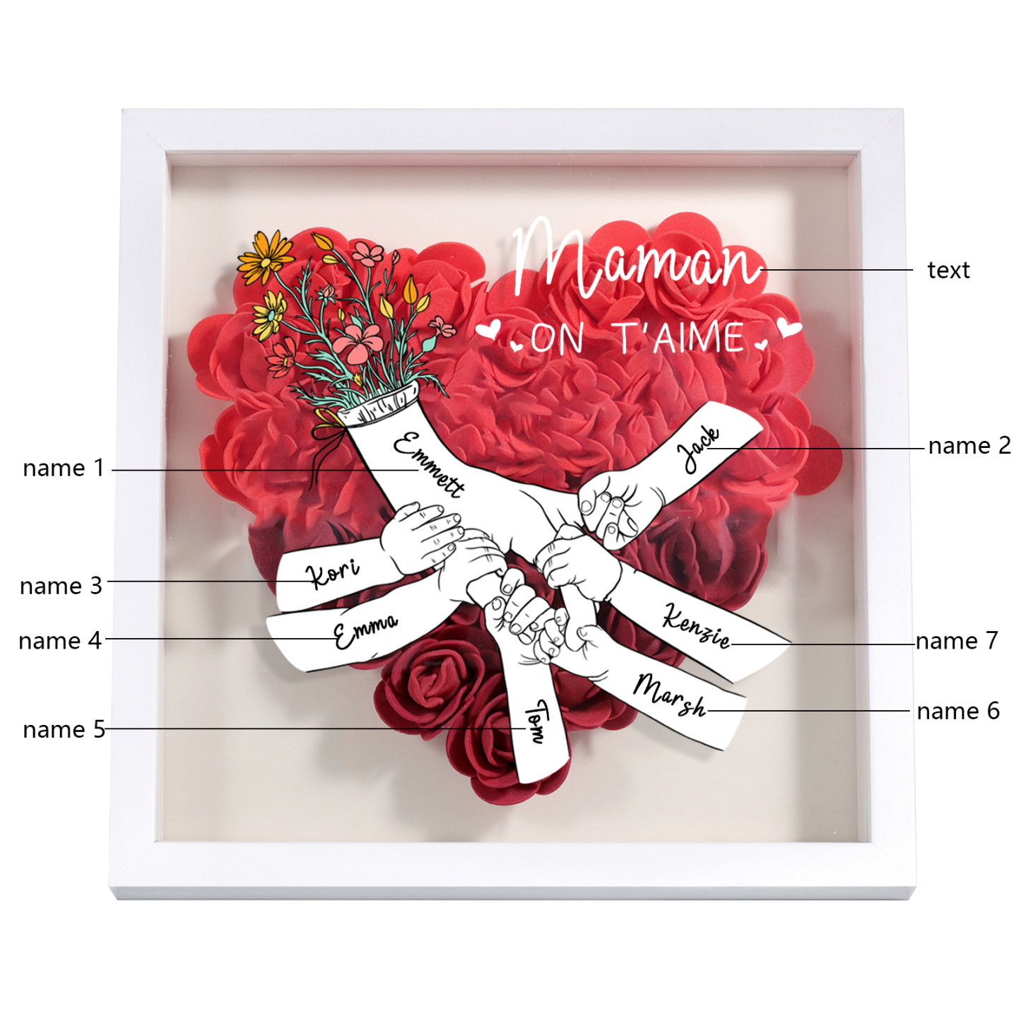 À ma Maman - Cadre Panneau de densité la main dans la main 7 Prénoms et 1 Texte Personnalisés Ornements Floral pour Famille