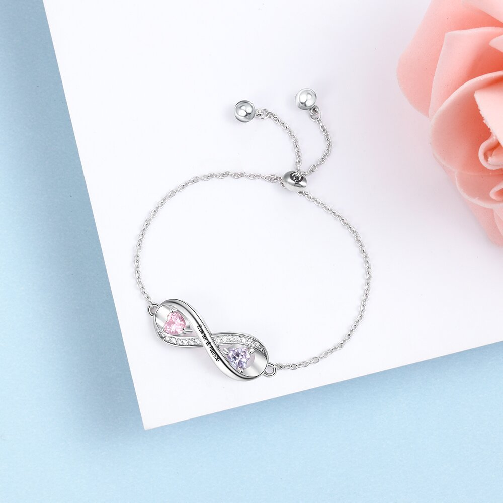 Bracelet à Breloque Infini Prénom Personnalisé avec 2 Pierre de Naissance