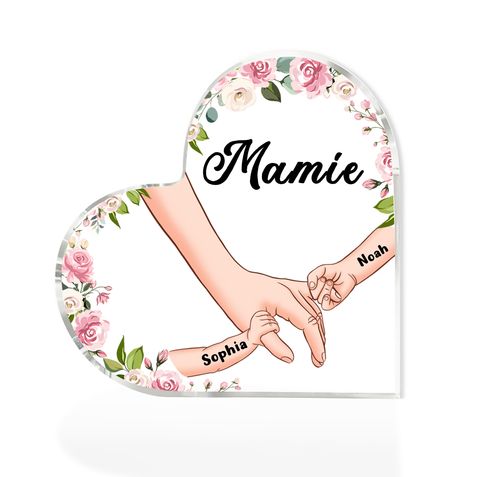 À Ma Nounou - Plaque Acrylique en Forme de Cœur La Main Dans La Main 2 Prénoms Personnalisés avec Texte