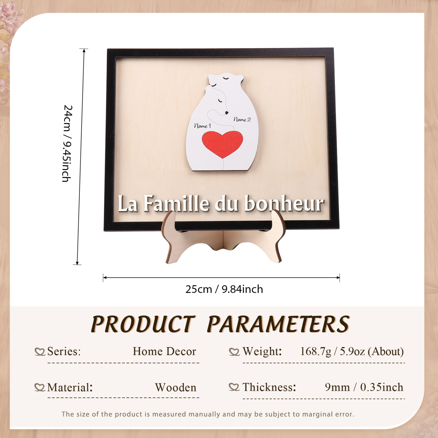 À ma Famille - Décoration en bois Ours 2 Prénoms Personnalisés Ornement pour Famille