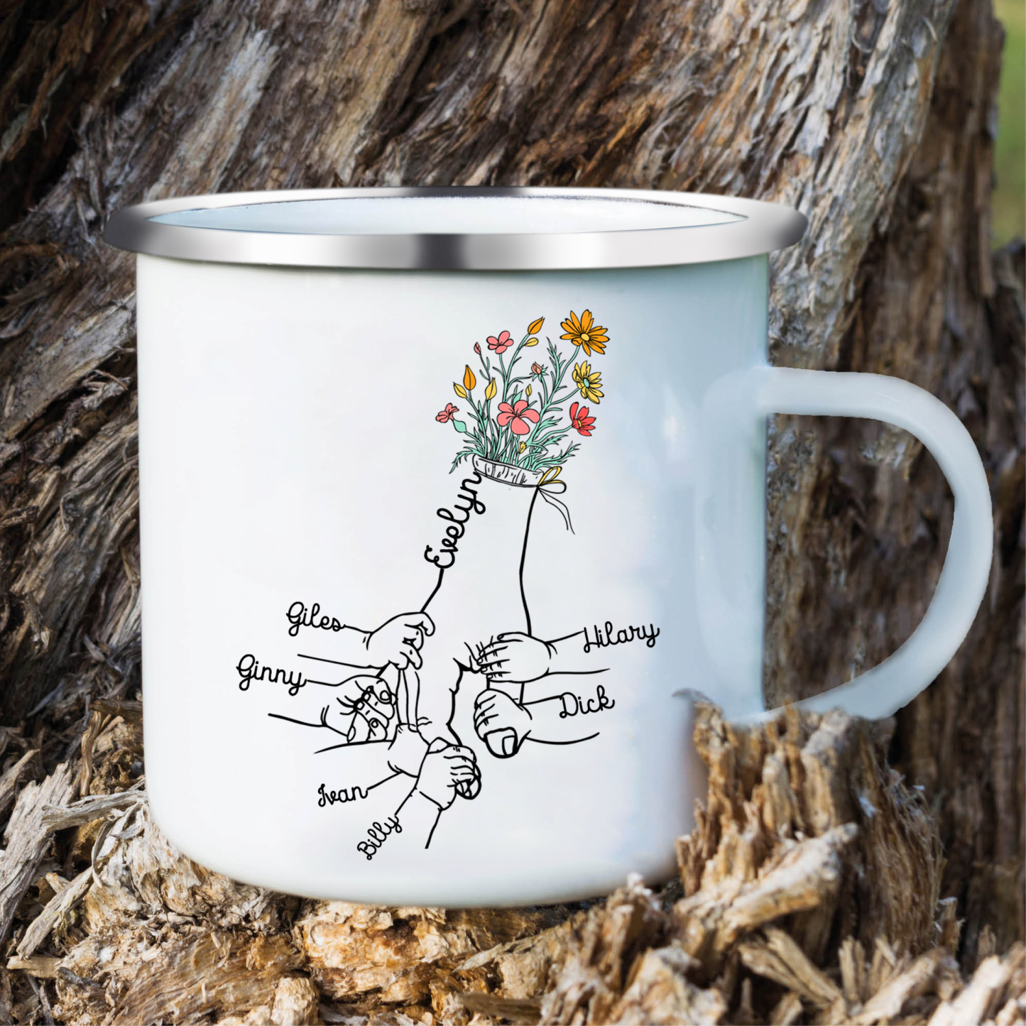 À Maman/Mamie - Tasse émaillée la Main dans la Main 7 Prénoms Personnalisés