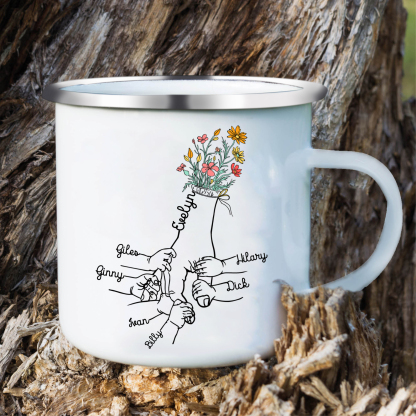 À Maman/Mamie - Tasse émaillée la Main dans la Main 7 Prénoms Personnalisés