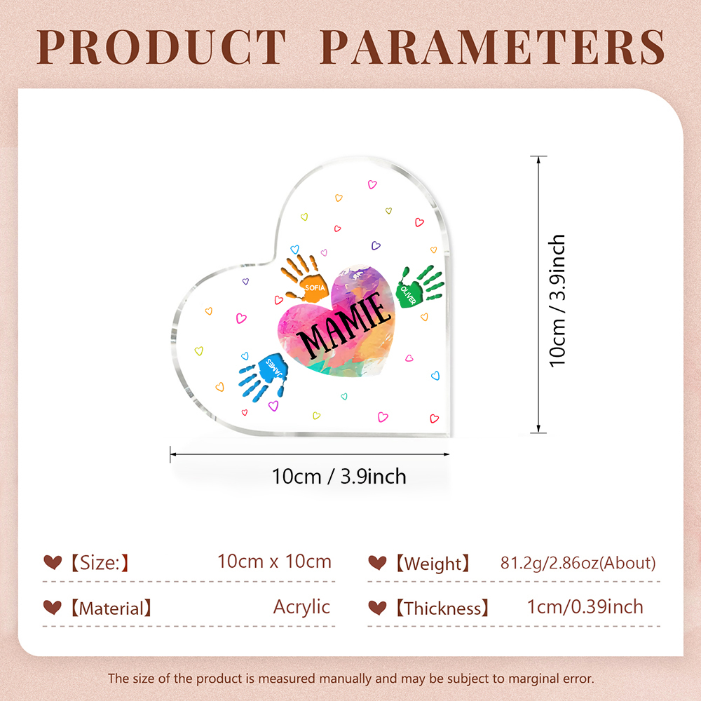 À ma Maman/Mamie - Plaque Acrylique Mains et Enfants en Forme de Cœur 4 Prénoms Personnalisés
