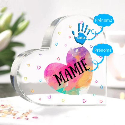 À ma Maman/Mamie - Plaque Acrylique Mains et Enfants en Forme de Cœur 2 Prénoms Personnalisés
