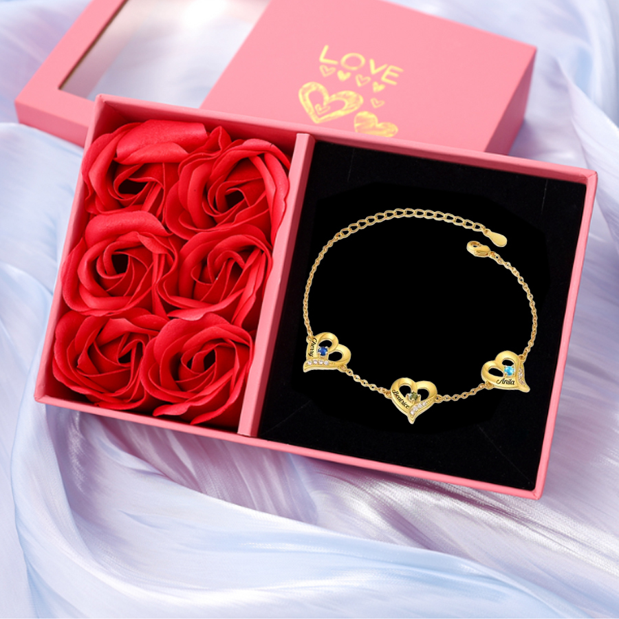 Bracelet Cœur gravé 3 Prénoms Personnalisés avec 3 Pierres de Naissance