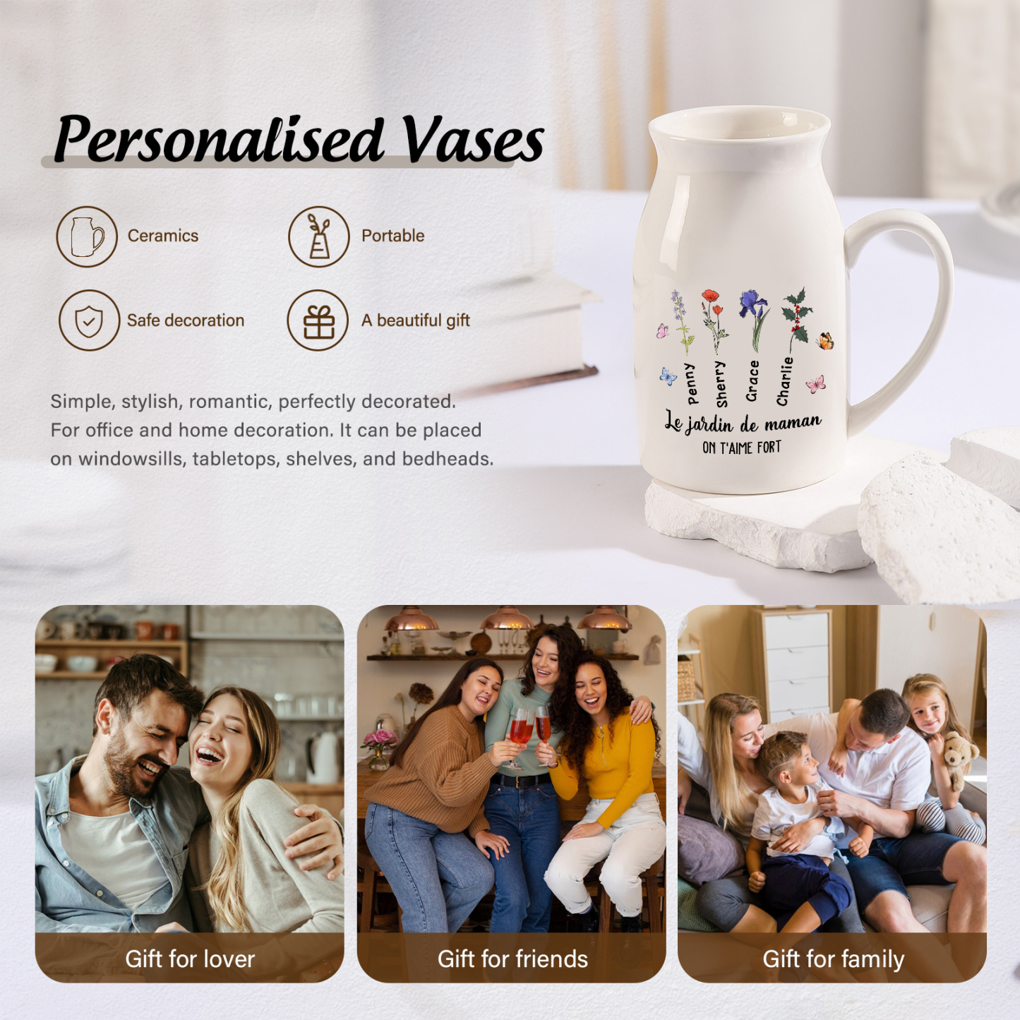 Vase à Fleurs Papillon 4 Prénoms et Fleurs de Naissance Personnalisés avec 2 Textes Décoration de la Maison