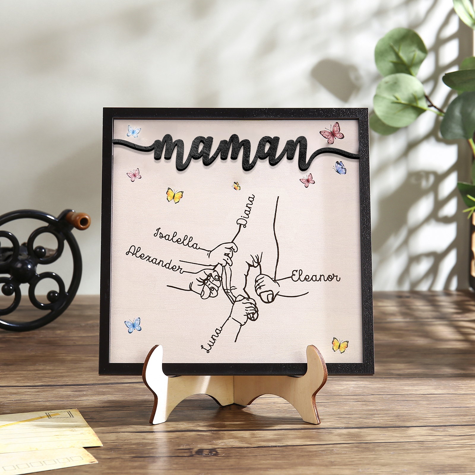 À ma Maman - Décoration en bois la Main dans la Main 5 Prénoms Personnalisés Ornement Famille