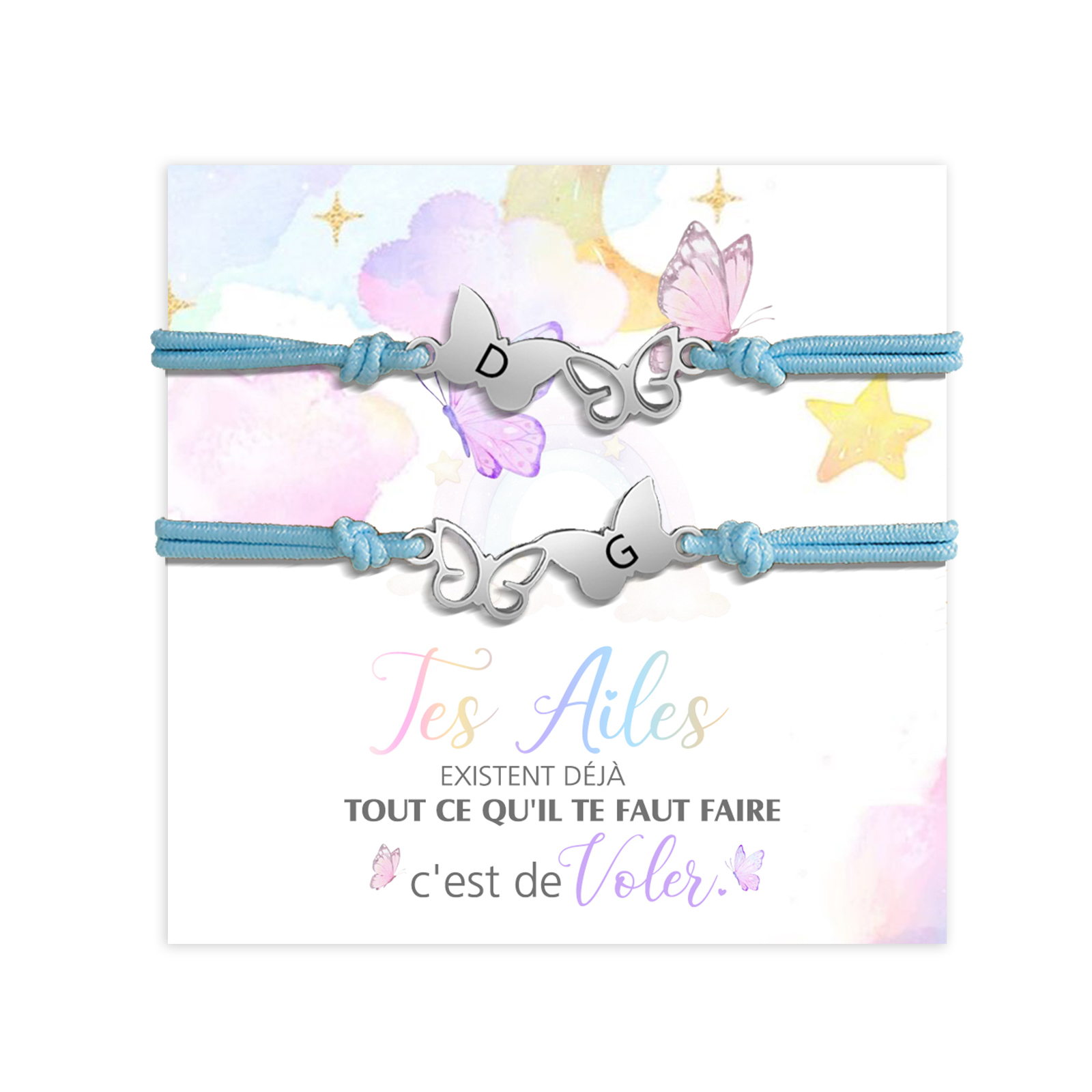 2PCS Ensemble de Bracelets Papillons 2 Lettres Personnalisées Corde élastiques - Cadeau Rentrée Scolaire