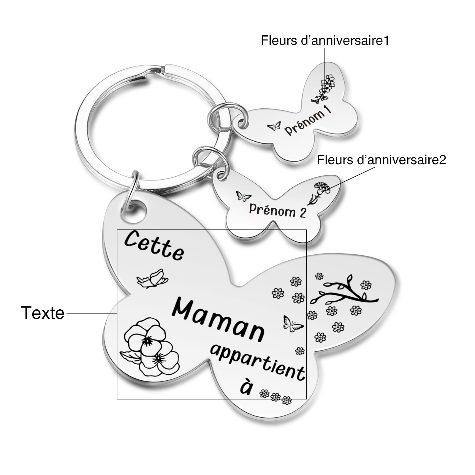 À Maman/Mamie - Porte-Clés Papillon 2 Prénoms et Fleurs de Naissance Personnalisés avec Texte 