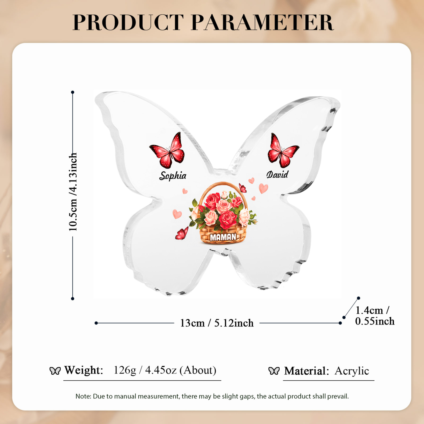 À Maman/Mamie - Plaque Acrylique en forme de Papillon 2 Prénoms et 1 Texte Personnalisés Decoration Fleurs et Papillons