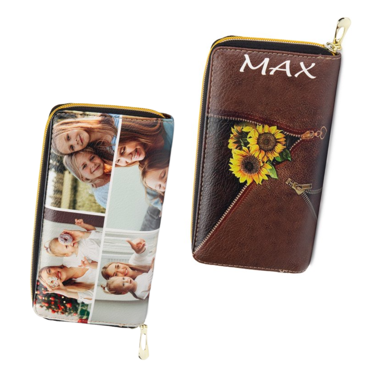 Portefeuille long en cuir PU tournesol 1 Prénom personnalisé avec 4 photo